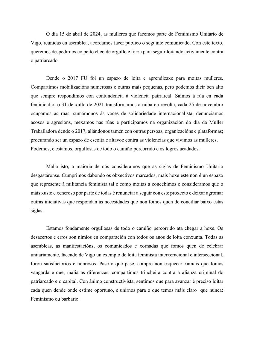 COMUNICADO DISOLUCIÓN FEMINISMO UNITARIO VIGO