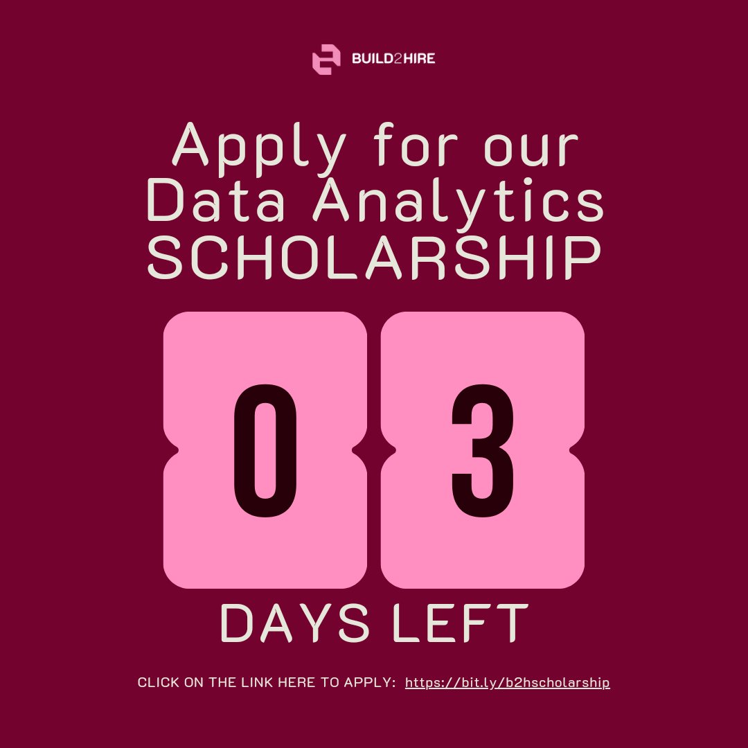 Entries close soon!

Take advantage of our scholarship offers.

Offers include a full scholarship and partial scholarship.

What you stand to gain?

A practical approach to learning Data analytics and community to share your thoughts and ideas with.

#dataanalyst #dataanalytics