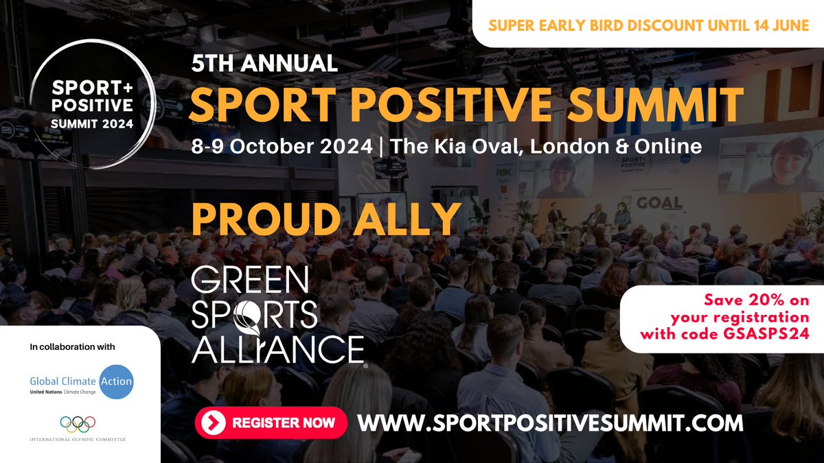 🌿🏟️ Green Sports Alliance is proud to be an ally for the 2024 @SportPosSummit from October 8-9 at the Kia Oval in London, UK. Use code GSASPS24 for 20% off your registration and register by June 14th for Super Early Bird pricing! 🎟️ 🌍 sportpositivesummit.com