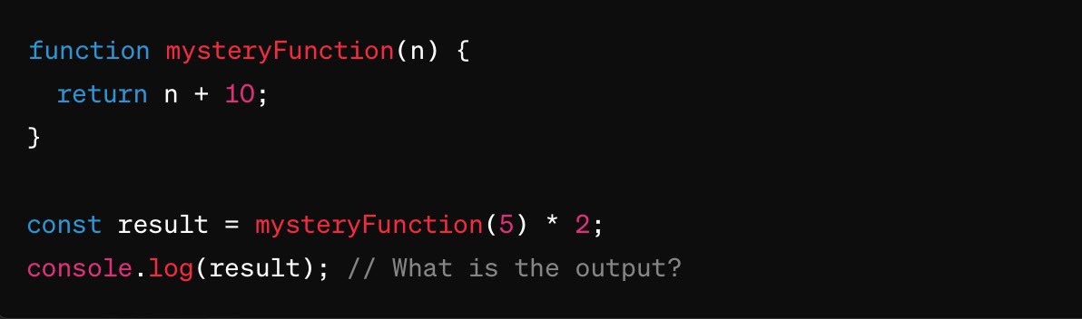 🤔 JavaScript Challenge: 

What will be the output of this code? Reply with your answer!

#Programming #CodeSnippet #DeveloperCommunity #TechTalent #CodeNewbie #DevLife #SoftwareEngineering #TechSkills #LearnToCode #CodingIsFun