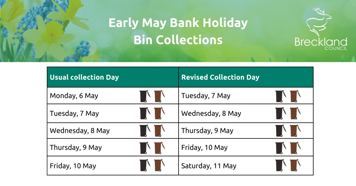 About to put your bin out? Don't! Due to the Bank Holiday weekend, our bin collection schedule has been revised. There will be no collections on Bank Holiday Monday. To find out your bin collection dates, visit: loom.ly/R29uDss