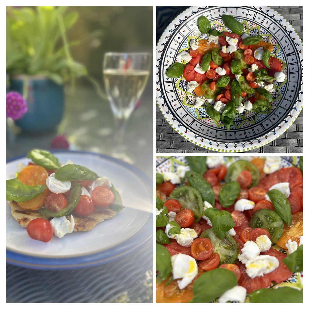 Caprese salad on flatbread with a cool glass of white wine on a sunny Dublin afternoon in the garden 😋☀️