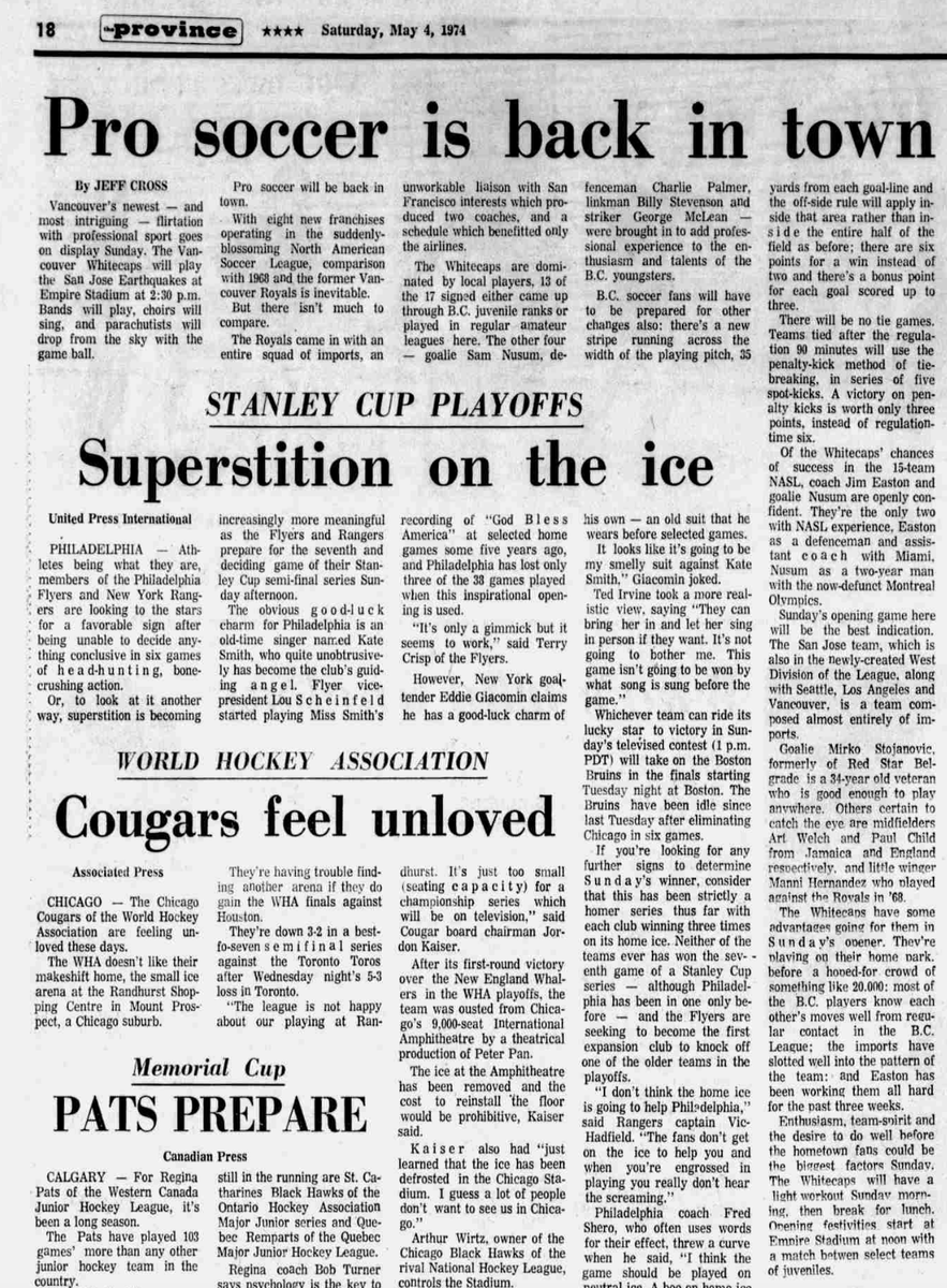 #OTD 50 years ago: 'Vancouver's newest -- and most intriguing -- flirtation with professional sport goes on display.' Original NASL @WhitecapsFC host @SJEarthquakes at Empire Stadium in the 2:30 p.m. kickoff on the first Sunday of May '74. #vwfc #nasl #vanpoli #bcpoli #SportsBiz