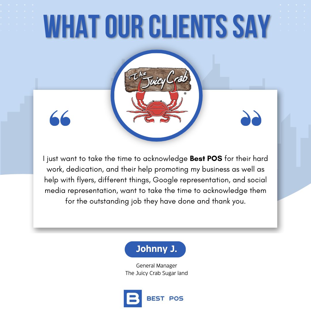 Thrilled to receive such heartfelt praise from Johnny J., GM of The Juicy Crab Sugar Land! 

We're committed to delivering top-notch marketing services for our clients. 

#ClientAppreciation #TheJuicyCrab #RestaurantMarketing #BestPOS