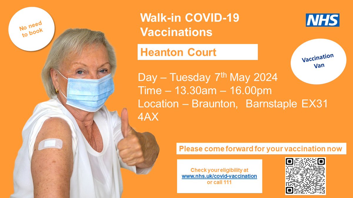 If you are eligible or you have been invited for a COVID-19 vaccination, a walk-in session will be available at Heanton Court on May 7th. No booking required. Last minute changes may occur. Please check your eligibility here: nhs.uk/conditions/cov…