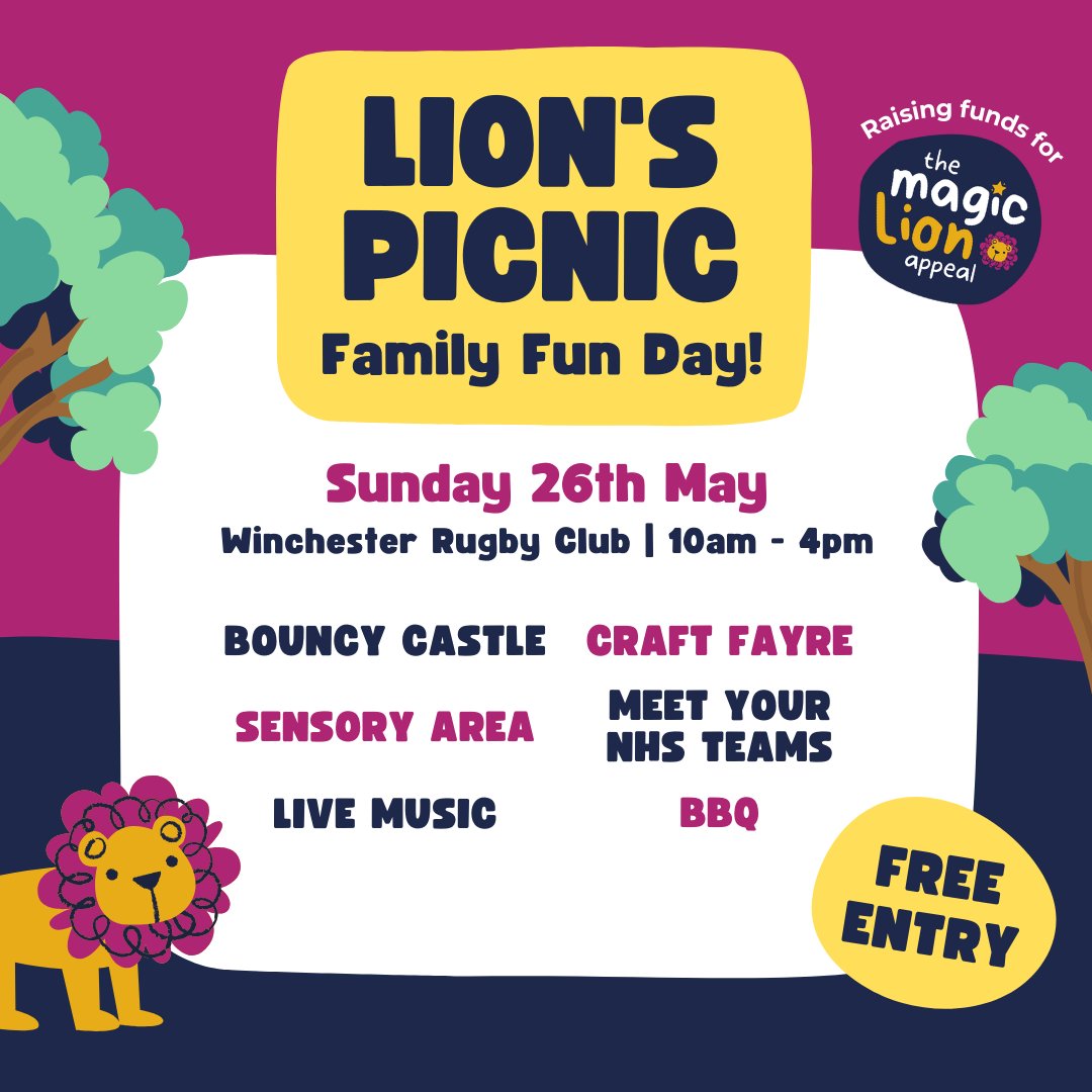 3 weeks to go! Come and join us for a fun filled bank holiday at our Lion's Picnic for FREE! No tickets required, just turn up!🥳 Come and enjoy: 🎤Live music 🍔BBQ 🏰Bouncy castle and a giant slide 🏃Parkour with PFT Academy 🥤Drinks bar 🎨Craft fair ow.ly/b8L350RvPbB