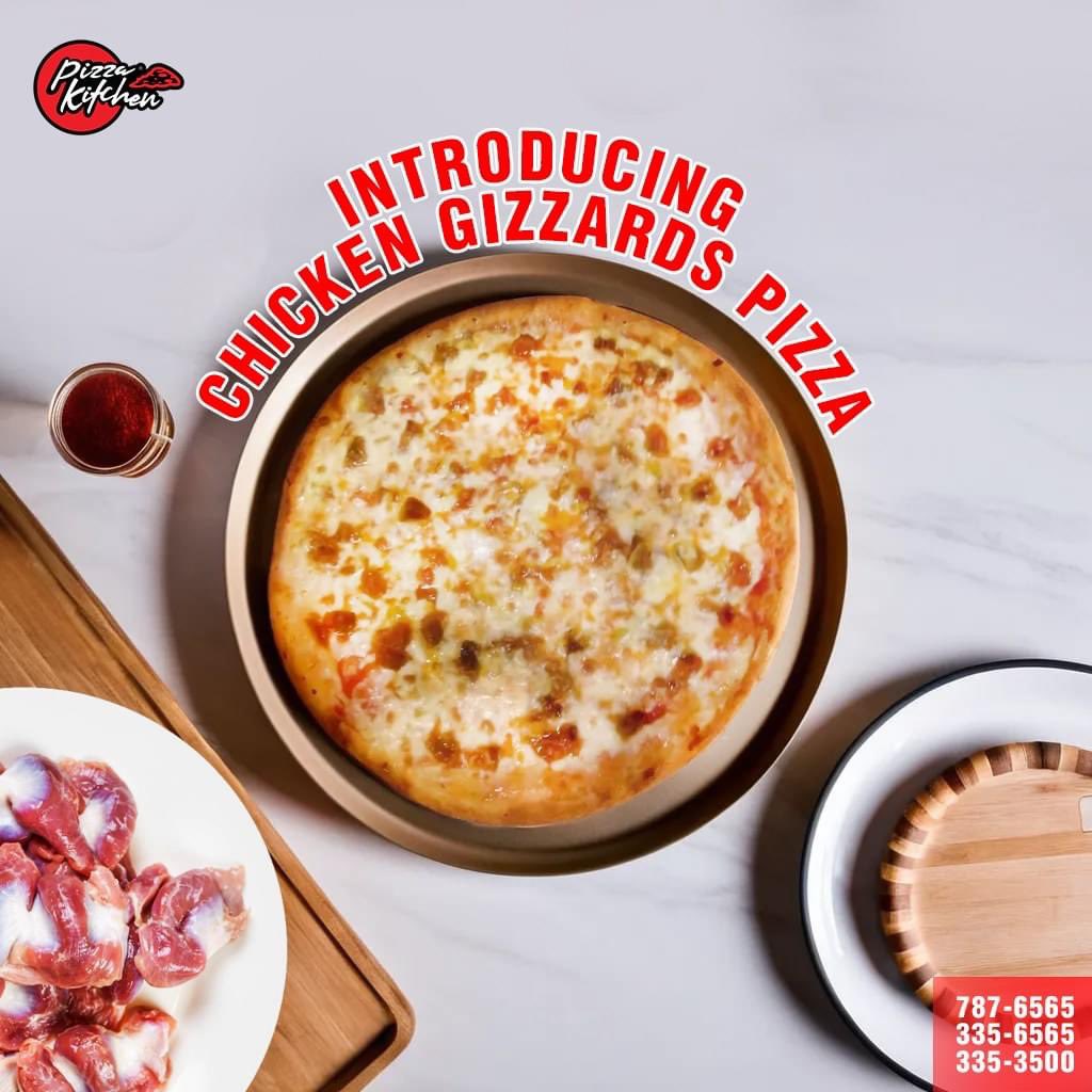 Introducing! Chicken Gizzards Pizza! 
Viber or Call 
📱 787 6565
☎️ 335 6565 
☎️ 335 3500  
Dine-In, Takeaway, Delivery
#PizzaKitchen #PizzaLovers #TasteofPizzaKitchen #pizzatime #bestingredients #bestservice #bestchef