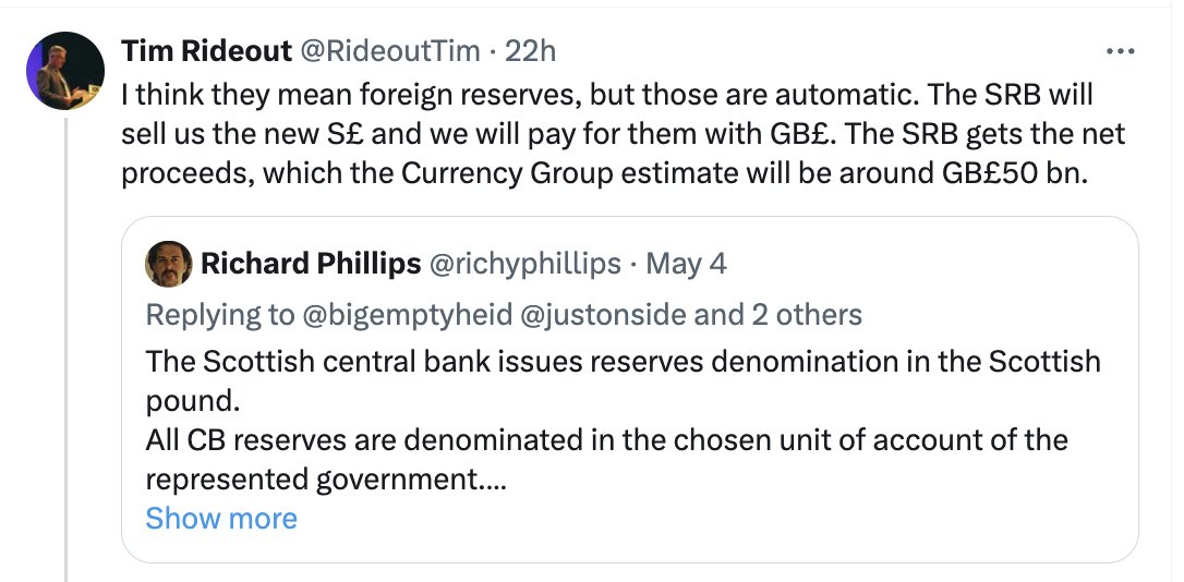 He continues to deny reality. Nobody will need to buy S£s from the SCB, b/c the iSG will spend the equiv. of UK£2bn into existence & thus the private banking system every single week. Do you transact with the ECB when you need Euros for a holiday?