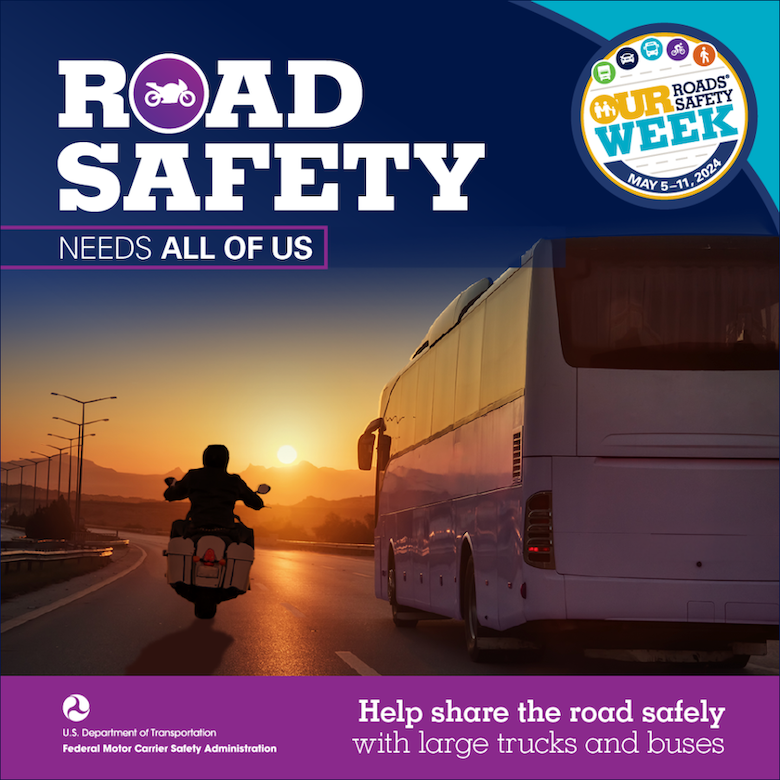 We’re celebrating the Federal Motor Carrier Safety Administration's annual #OurRoadsOurSafetyWeek. As you share the road with large trucks and buses, keep your distance and avoid blind spots. Learn more about your role in road #safety: bit.ly/3UvAJyS