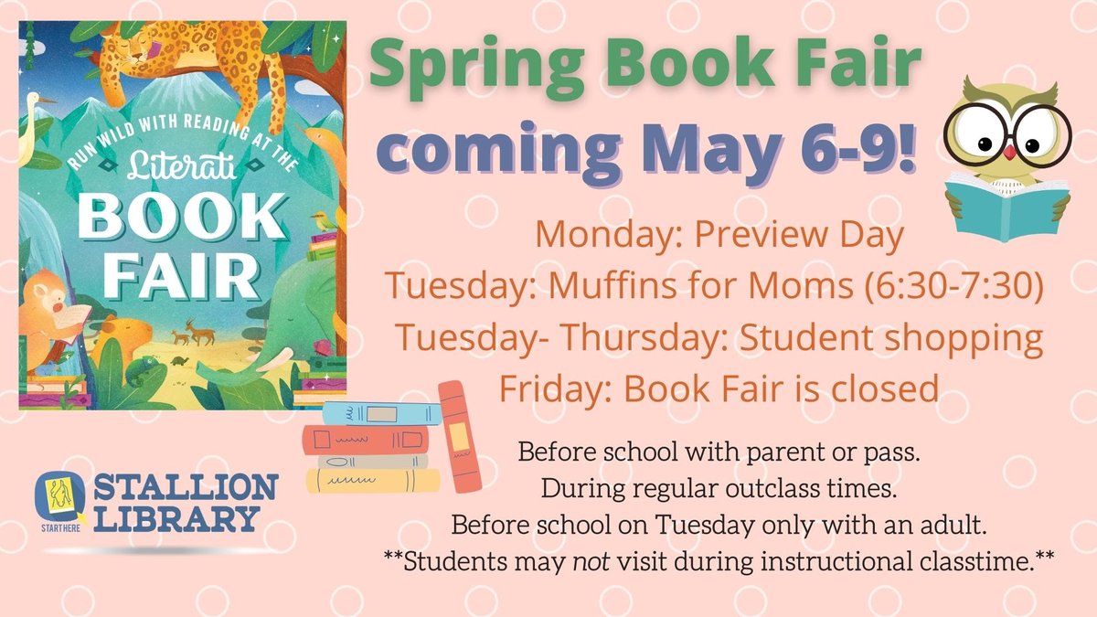 📚 The WSE Spring Book Fair is this week! Monday: Preview Day Tuesday-Thursday: Student shopping 📕Before school with parent or pass 📗During regular outclass times 📘Before school on Tuesday only with an adult **Student may not visit during instructional class time**