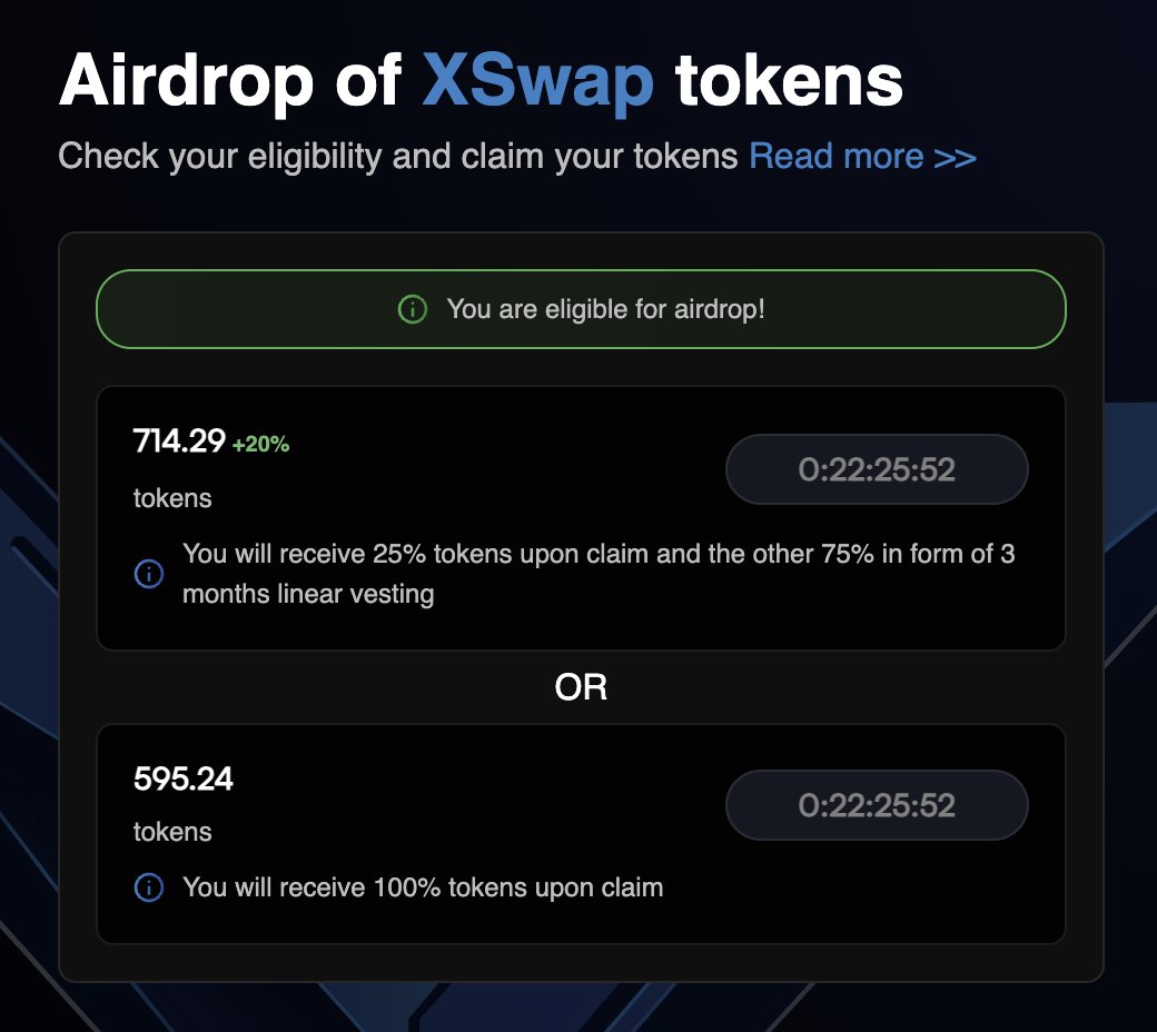 If you participated in Streak <a href="/xswap_link/">XSwap 🔗</a> on <a href="/layer3xyz/">Layer3</a> , you are eligible for the project's airdrop.
You can check your eligibility here 👉xswap.link/airdrop