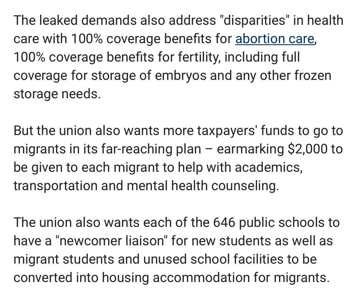 robbystarbuck's tweet image. The Chicago Teachers Union is demanding a new contract that pays for free abortions, $2,000 for each illegal immigrant, for unused schools to be turned into migrant homes, they want the ability to lie to parents about their kid’s gender identity and $50 billion in wage hikes to…