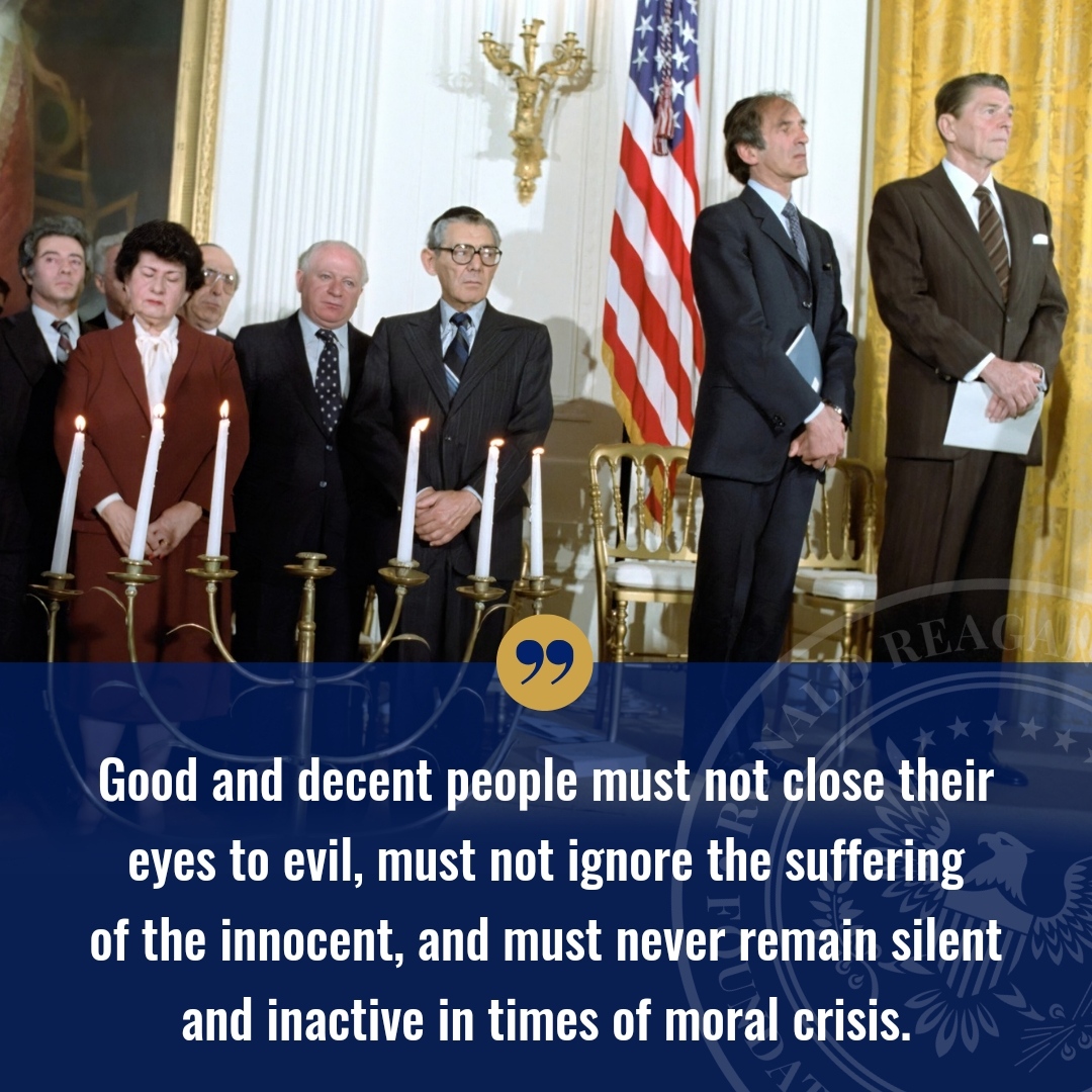Today is Yom Hashoah, Holocaust Remembrance Day. In 1983, Ronald Reagan said this quote to the American Gathering of Jewish Holocaust Survivors. #YomHashoah #HolocaustRemembranceday #RonaldReagan #Jewish #Neverforget