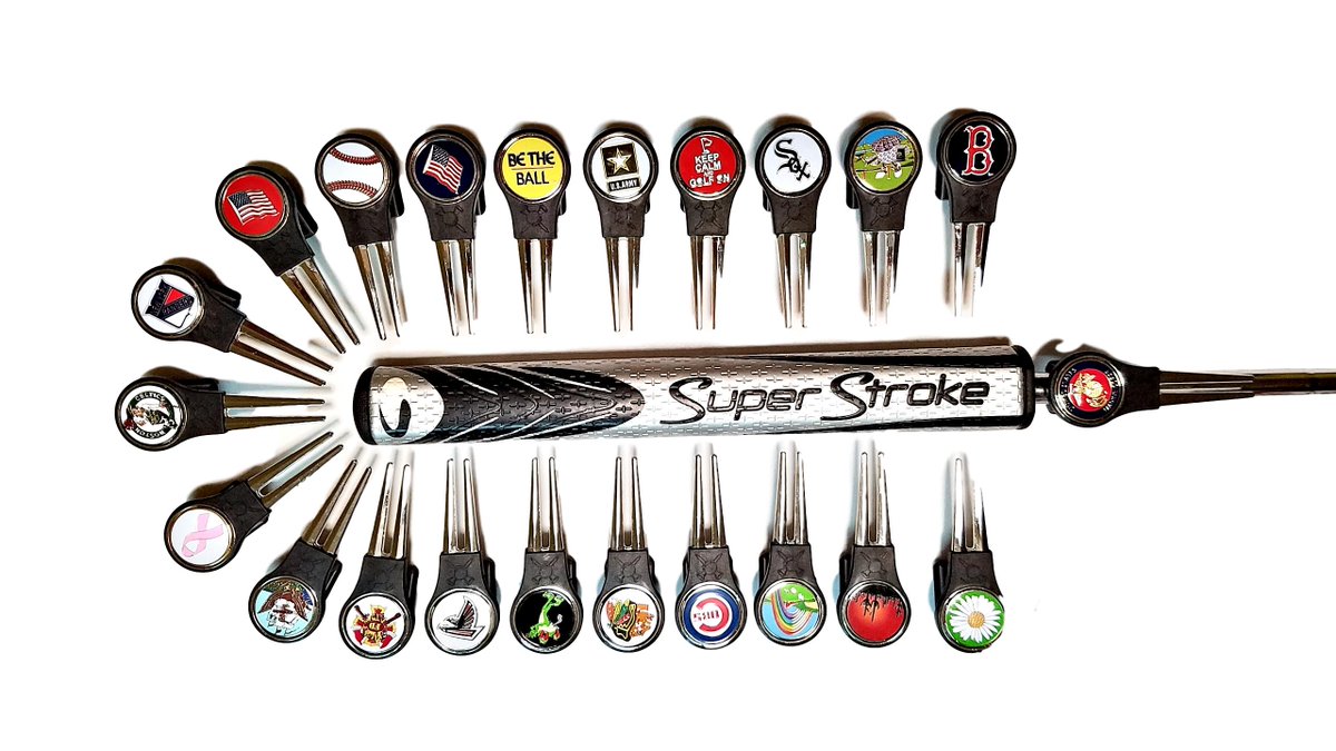 Putter mounted divot tools with over 100 designs to choose from. Sports, Patriotic, Service, Golf and fun markers. There’s something for everyone. fixyourdivot.net. #golfing #golflife #golfcourse #golfclub #custom #pitchrepairtool #ballmarker #accessories #sports