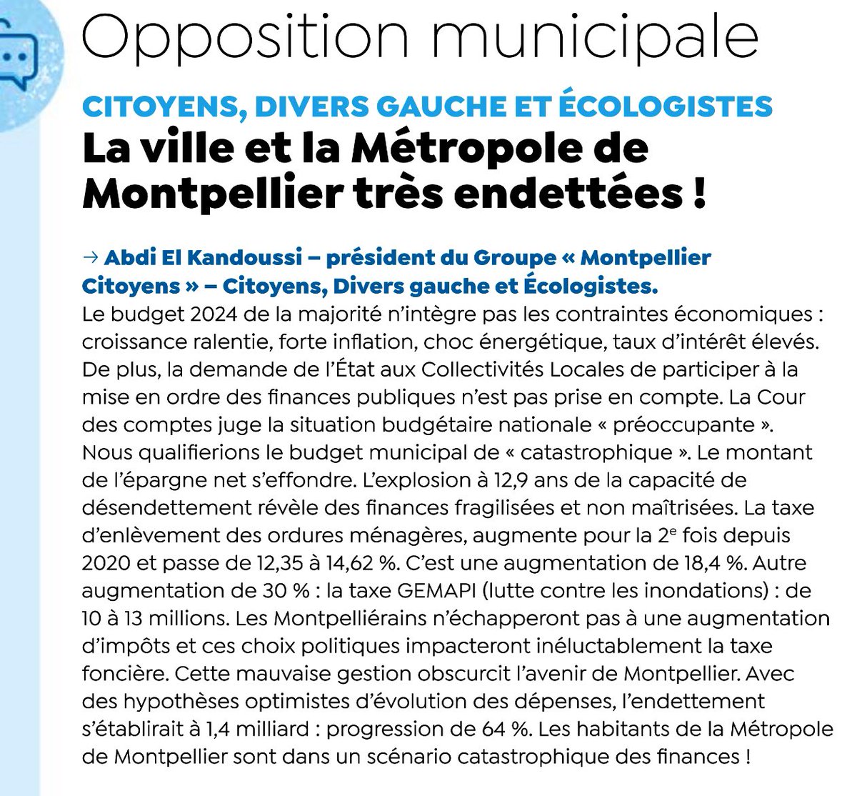 Après avoir emprunter plusieurs millards à taux variables, l’exécutif propose un budget qui confirme la gestion financière calamiteuse de la Ville &amp; de la Métropole.
Où passe l’argent ?
#Montpellier
<a href="/Phil_Saurel/">Philippe Saurel</a> <a href="/DomergueJacques/">Domergue Jacques</a> <a href="/isabelmarsala/">isabelle marsala</a> <a href="/Majdoul34/">MAJDOUL Mustapha</a> <a href="/UrbaniJoe/">Urbani Joëlle</a> <a href="/Montpellier3m/">Montpellier Métropole</a>