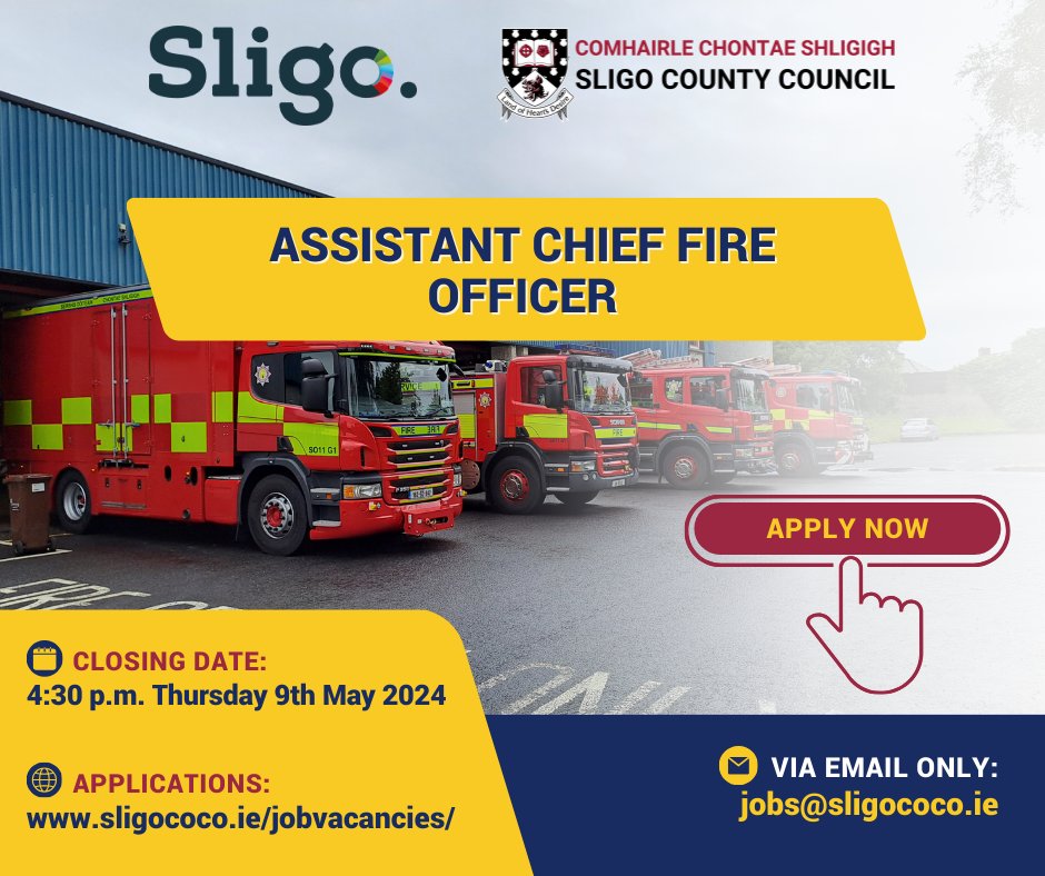 Applications for the following positions are available at 🌐 sligococo.ie/jobvacancies ➡️𝗔𝘀𝘀𝗶𝘀𝘁𝗮𝗻𝘁 𝗖𝗵𝗶𝗲𝗳 𝗙𝗶𝗿𝗲 𝗢𝗳𝗳𝗶𝗰𝗲𝗿 📅 Closing Date: via email to jobs@sligococo.ie is 4.30pm on Thursday 9th May 2024. #JobOpportunities #JoinOurTeam