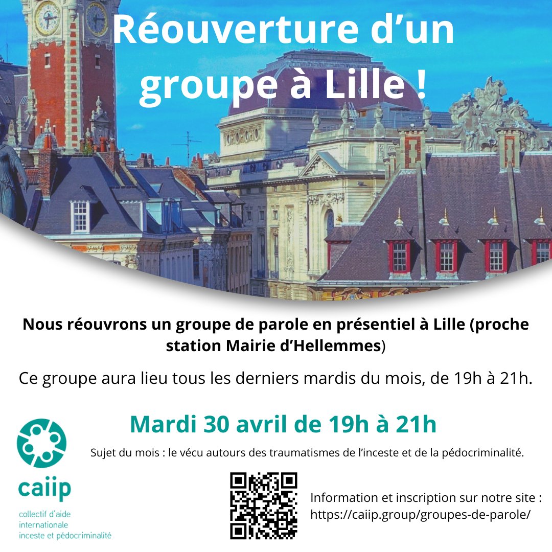CaiipOrg's tweet image. L'équipe du CAIIP est heureuse de vous informer de la réouverture du groupe de Lille, dés ce mois-ci et tous les derniers mardis de chaque mois ! #groupedeparole #Lille #Caiip