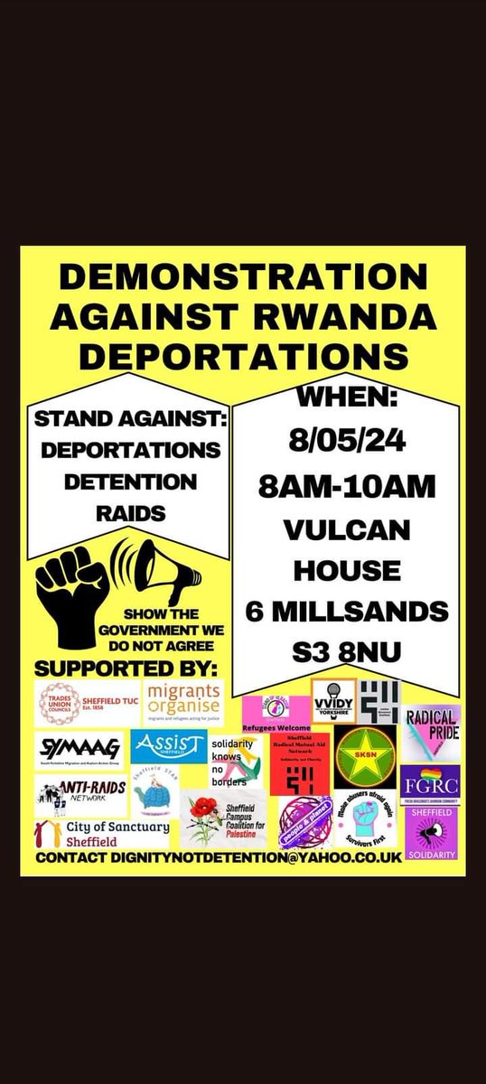 Stand together against kidnapping, detention and deportations to Rwanda. Join us on Wednesday 8 May at 8am to remind Sheffield Home Office and Government that seeking asylum is not a crime. #RefugeesWelcome #Sheffield