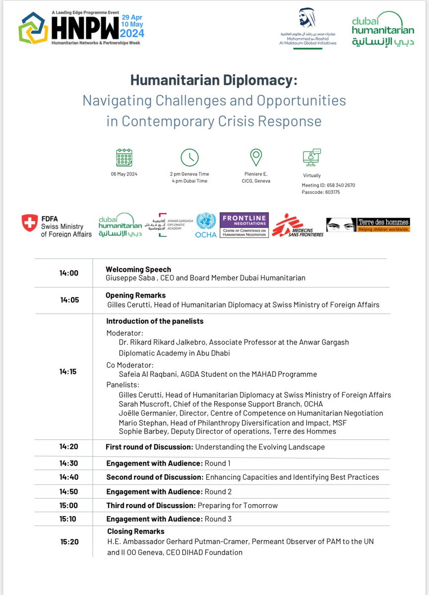 Join @AGDAUAE for our session at #HNPW on Humanitarian Diplomacy, jointly organised with @DXBHumanitarian. @frontline_nego @UNOCHA @terredeshommes @msf @SwissMFA Register today and join us in person or virtually on 6 May: lnkd.in/dxUbq4GQ