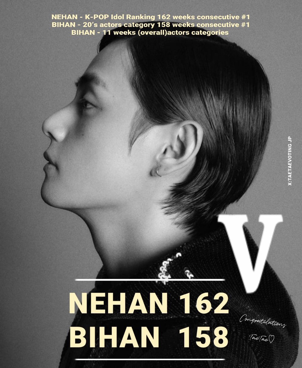 🥇NEHAN (音韓) Kpopアイドルランキング162週連続1位[4/29週 20,929票] 🥇BIHAN (美韓) 🏆俳優総合部門11回目勝利✨　20代俳優部門 158週連続1位[4/29週 19,780票] テテ おめでとうございます 毎日投票ありがとうございます 今週も応援お願いします Congratulations Taehyung #WeLoveYouTaehyung