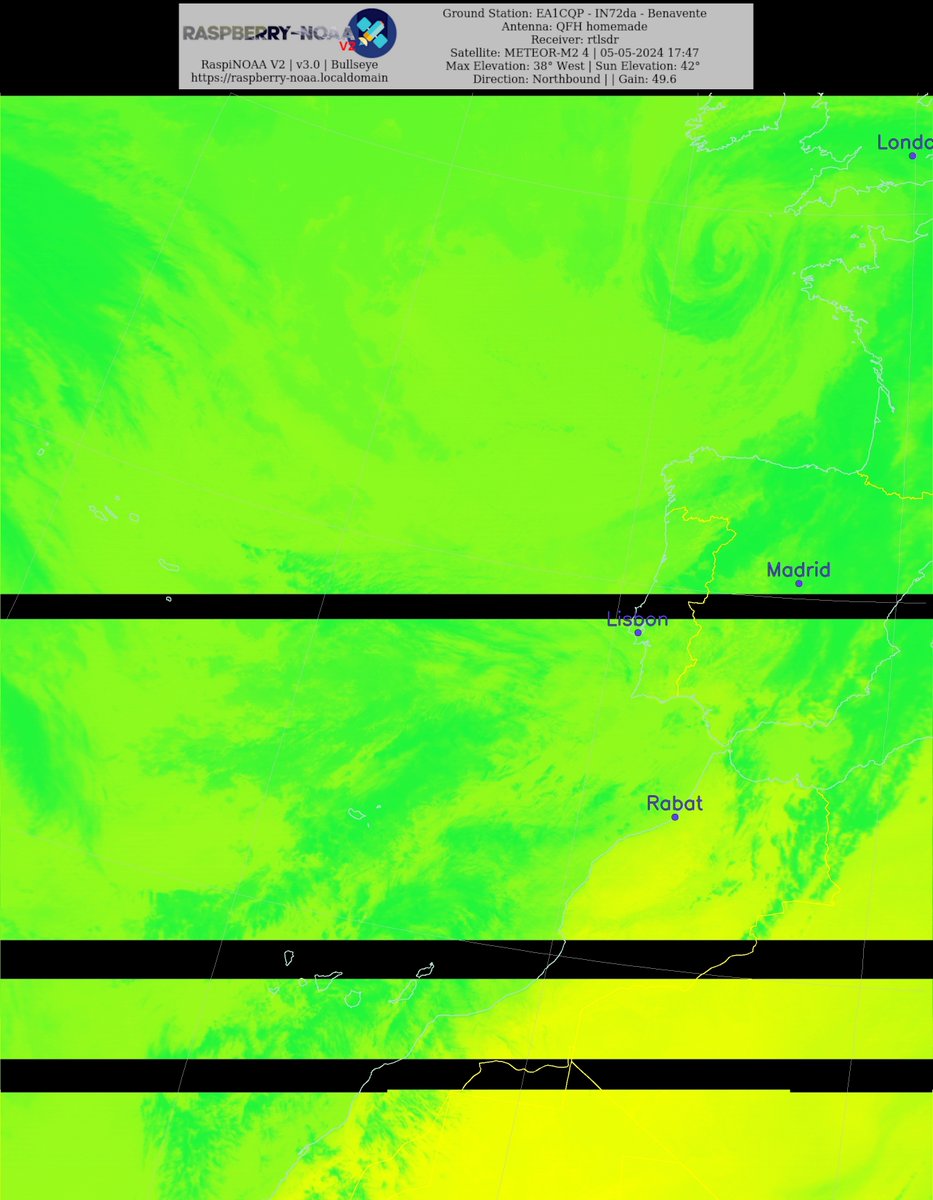 Ground Station: EA1CQP - IN72da - Benavente METEOR-M2 4 05-05-2024 17:28 CEST  Max Elev: 38° W Sun Elevation: 42° Gain: 49.6 | Northbound

#NOAA15 #NOAA18 #NOAA19 #MeteorM2_3 #MeteorM2_4 #APT #LRPT #wxtoimg #MeteorDemod #rtlsdr #raspberrypi #RN2 #ISS