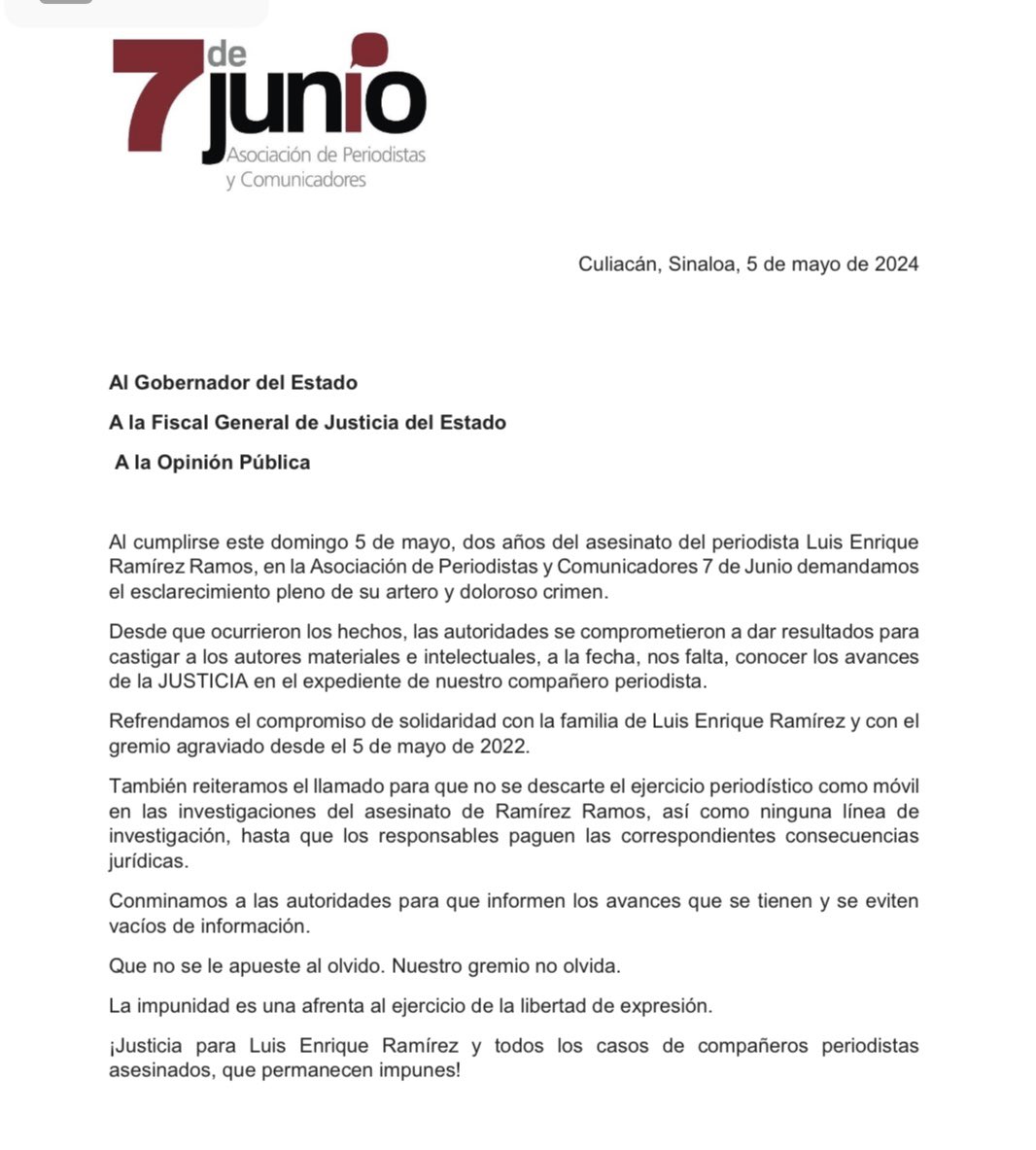Al cumplirse este domingo 5 de mayo, dos años del asesinato del periodista Luis Enrique Ramírez Ramos, en la Asociación de Periodistas y Comunicadores 7 de Junio demandamos el esclarecimiento pleno de su artero y doloroso crimen.  No te olvidamos amigo!