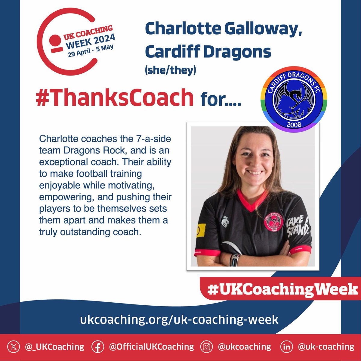 It’s #UKCoachingWeek and we’re celebrating some of the fantastic coaches who support LGBTQ+ community sport in England & Wales Our final coach this week is Charlotte Galloway from @cardiffdragons 🙌🏳️‍🌈🏳️‍⚧️ #ThanksCoach