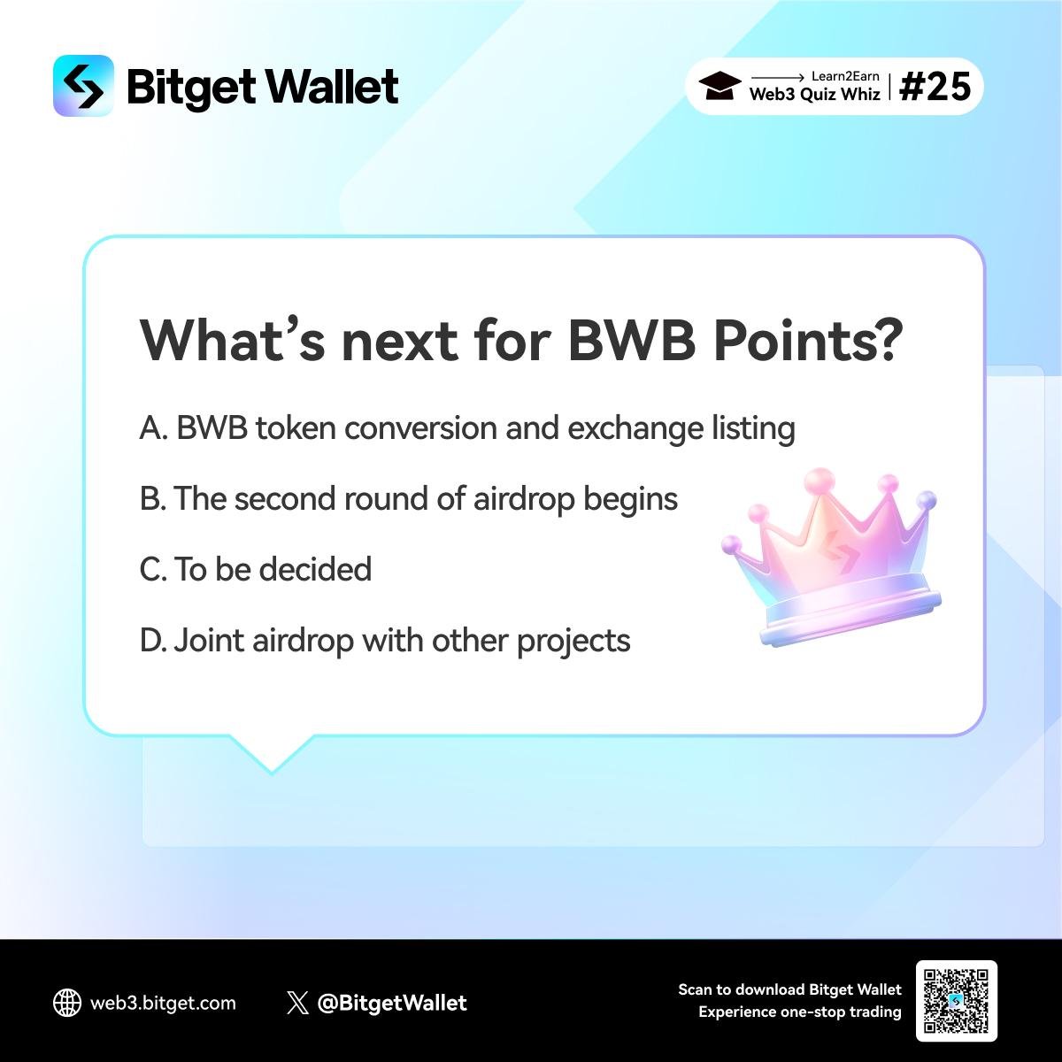 Welcome to the 25th round of Bitget Wallet's Quiz Whiz!

The $BWB Points airdrop campaign has successfully concluded. Thank you all for your active participation!  

Now, let's dive into our latest single-choice challenge! To enter, drop your correct answer along with your EVM