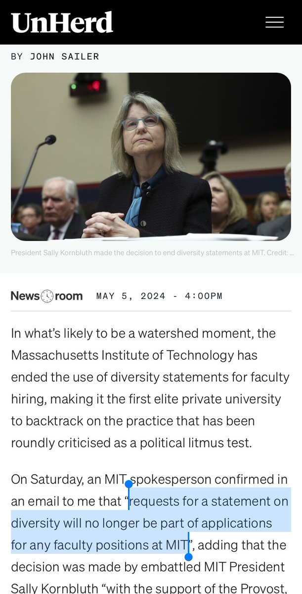 BREAKING: A university spokesperson has officially confirmed to me that MIT will no longer use diversity statements in faculty hiring—making it the first elite private institution to backtrack on the controversial policy.