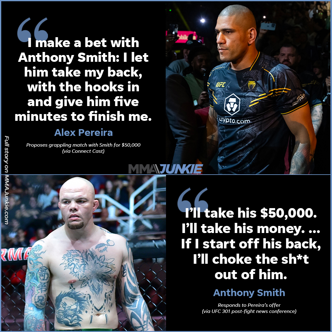 Anthony Smith accepts Alex Pereira's $50,000 submission challenge: Would he get the choke? 🤔 🔗 tinyurl.com/SmithPereira