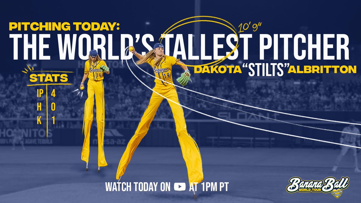 Stilts, the tallest pitcher in Banana Ball, is taking the mound today for our last game in Fresno!🤙 Watch it live on YouTube at 1pm PT or 4pm ET! bit.ly/livebananaball