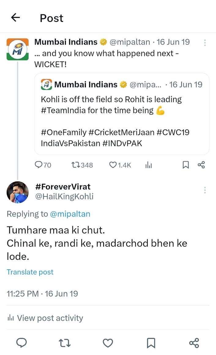 HailKingKohli was aware about Mumbai Indians, Rohit Sharma and their agenda since WC 2019.👍🏻