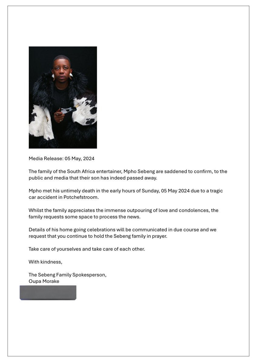 STATEMENT: 

The official statement on the passing of actor Mpho Sebeng. 

#RIPMphoSebeng