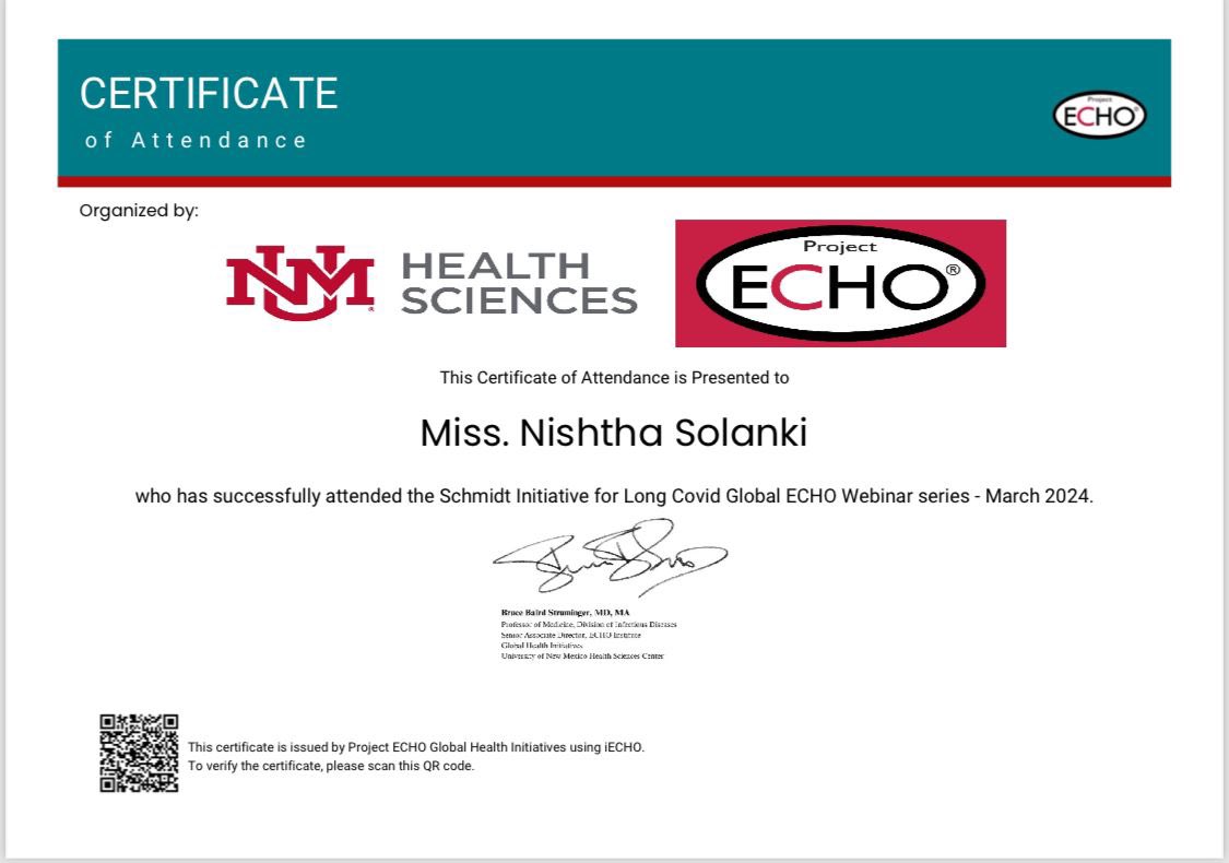 Got attendance certificate for Exploring Clinical Practice and Research the Schmidt Initiative for Long Covid Global ECHO Webinar series - March 2024
#Team_Atikin #echo #global #longcovid #research 
Cc: @Team_Atikin @dinesh_jaisingh @ProjectECHO