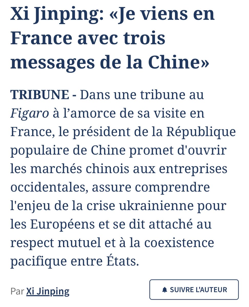 🇨🇳🇫🇷 « Je viens en France avec trois messages de la #Chine » A la veille de sa 3e visite d’Etat en France, le président chinois #XiJinping publie une tribune inédite dans @Le_Figaro. Il y exprime sa vision des relations bilatérales 🇫🇷🇨🇳. Quelles conclusions en tirer 👇 1/11 🧵