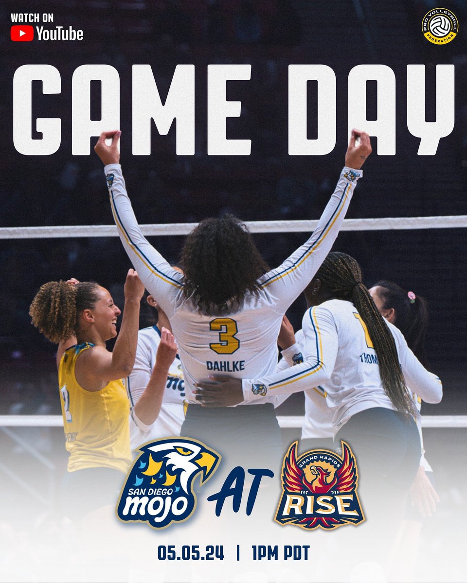 back for more in GR 🏐 #WeAreMojo 

🆚: @GR_Rise 
⏱️: 1 PM PDT
📍: Van Andel Arena
📺: youtube.com/@realprovb

#SanDiegoMojo #WeAreMojo #MojoNation #LFGSD #REALProVolleyball #SanDiego #Volleyball