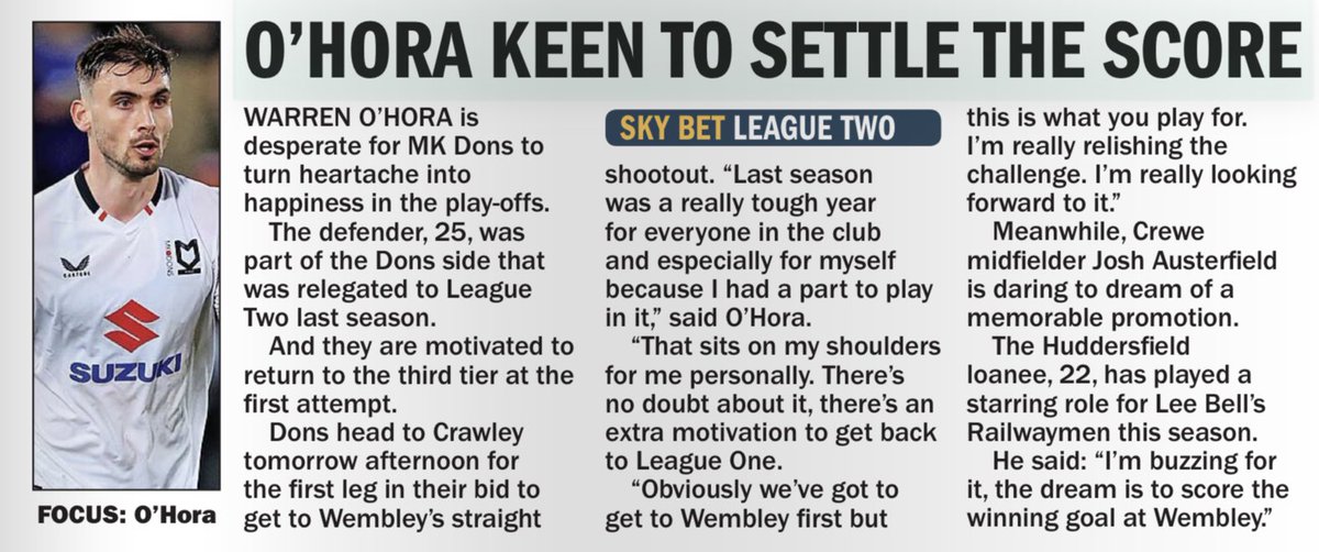 .@MKDonsFC defender Warren O’Hara is desperate the club to turn heartache into happiness @Daily_Express @DExpress_Sport