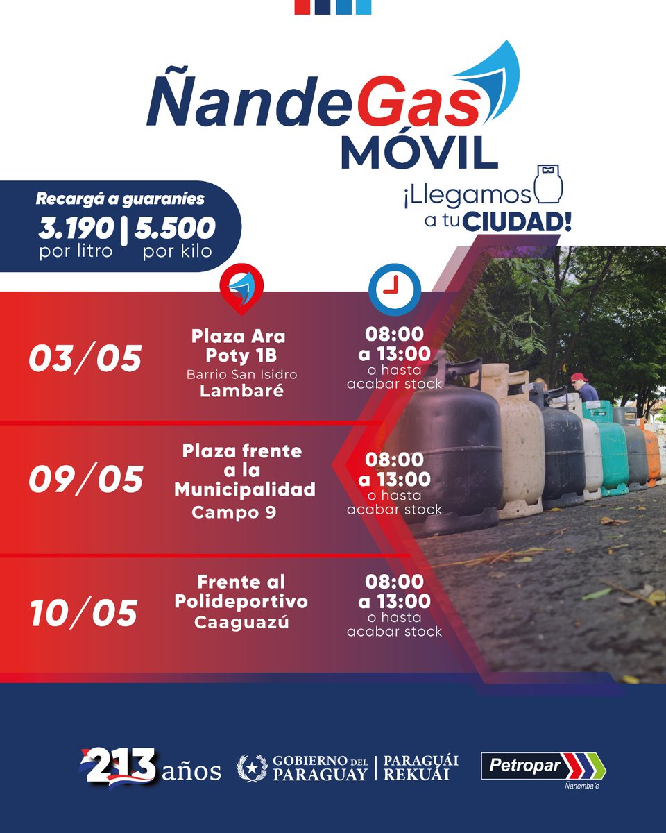 Ñande Gas Móvil visita esta semana las siguientes ciudades:
📍Lambaré 
📍Campo 9
📍Caaguazú 
¡Te esperamos para recargarte calidad garantizada al mejor precio! 

#PetroparÑanembae ⛽
#GobiernoDelParaguay 🇵🇾