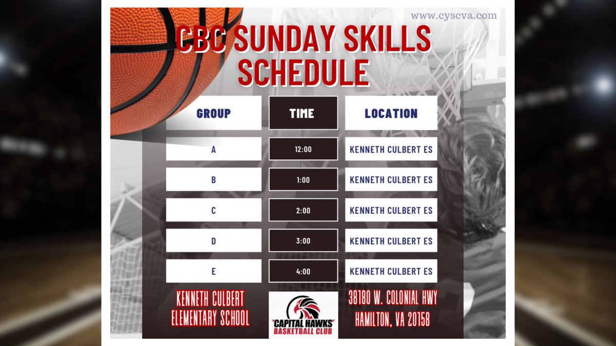 Here is the schedule for today's CBC
Sunday Skills session. Bring lots of water and we'll see you on the court!
