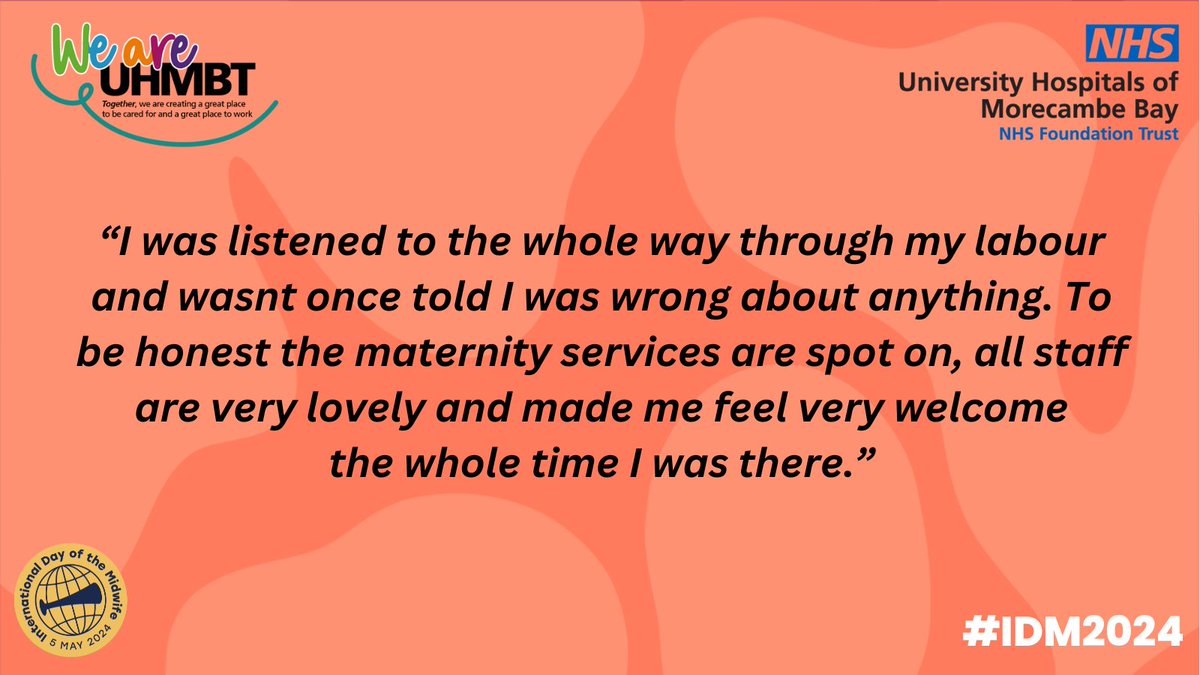 'All staff are very lovely and made me feel very welcome'. Join in the #IDM2024 celebrations and send a special message or thank you to one of our Midwives or maternity teams! uhmb.nhs.uk/get-in-touch/s…