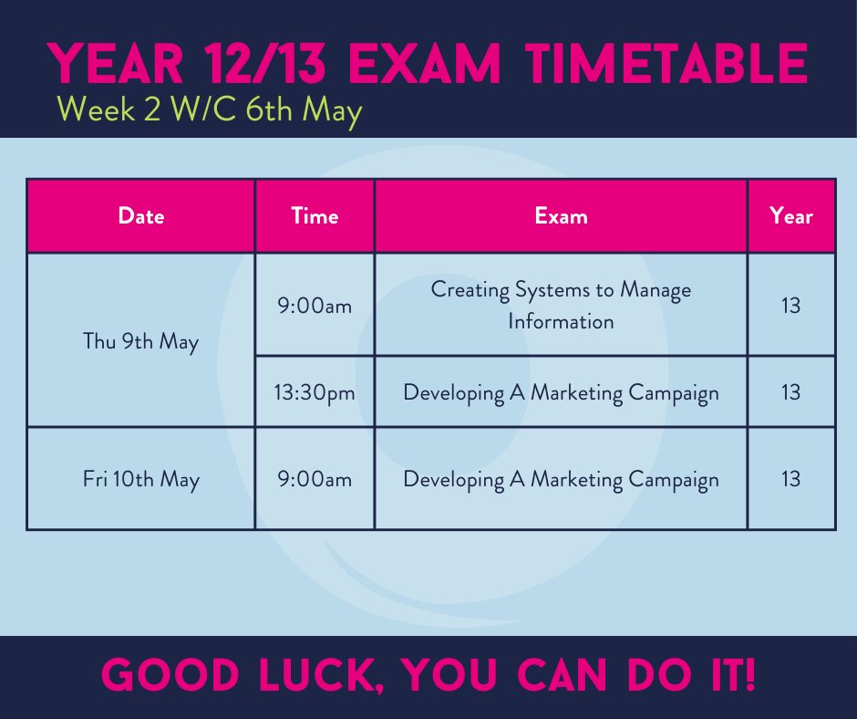 Here's a list of exams scheduled for W/C 6th May 2024. Best of luck everyone💙