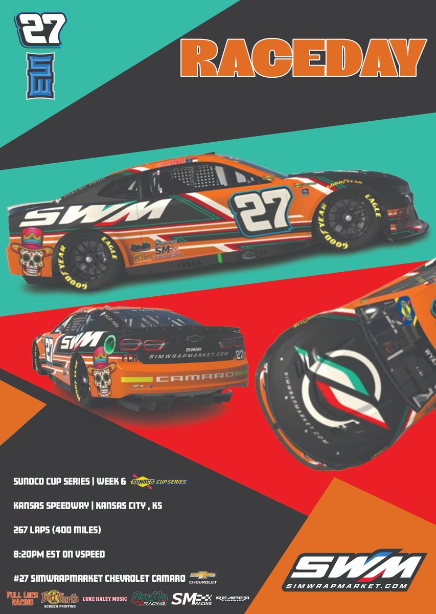 Happy Cinco De Mayo! It's RACEDAY! Tune in TONIGHT at 8:20 PM EST to catch the #27 @SimWrapMarket crew in action! Kansas has always been one of my favorite tracks. Let's see how it shakes out! Tune in at 8:20 PM EST on VSPEED for week 6 of the @sunococupseries!