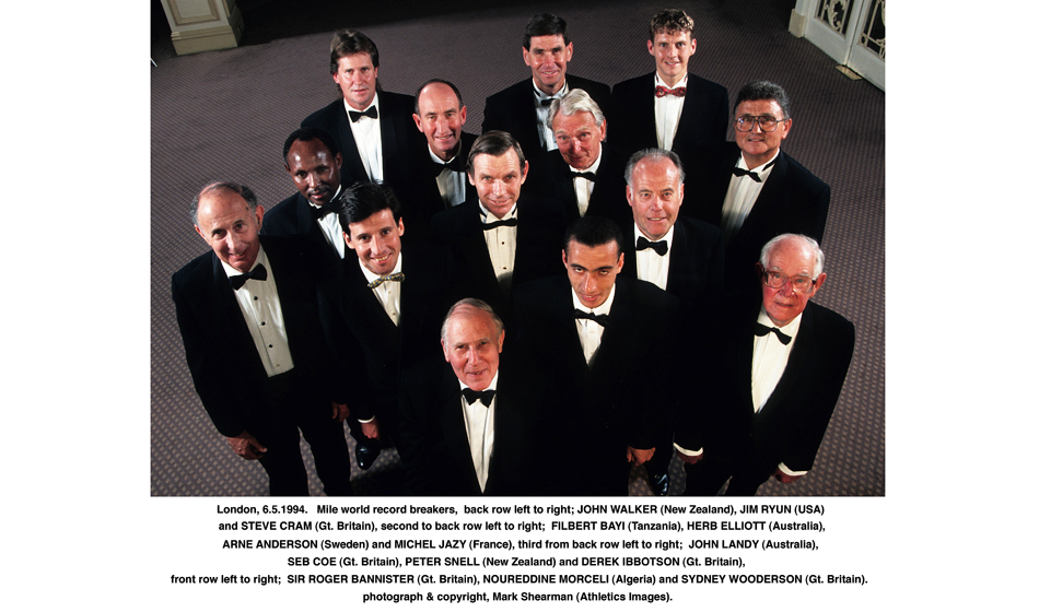 Tomorrow is the 70th. anniversary of Roger Bannister's sub. 4 min. mile WR. I took this photo. at the 40th. anniversary celebration dinner in 1994 of all the surviving mile WR breakers (except Steve Ovett who was unable to attend). @AthleticsWeekly @BritishMilers @themile