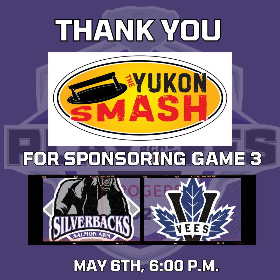 Thank you to our Kids Get in Free Sponsor, Yukon Smash for sponsoring Game 3 on Monday, May 6th! The Silverbacks continue the 2023/24 playoffs at home against the Penticton Vees!⁠