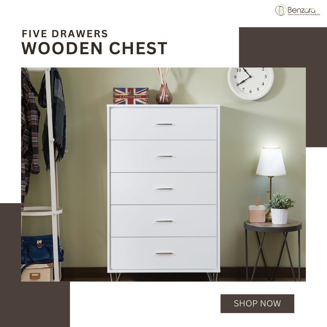 Upgrade your space with this chic white wooden chest featuring five drawers.
.
.
Shop Now👉 buff.ly/3xW0LDS 
.
.
#HomeDecor #ContemporaryStyle