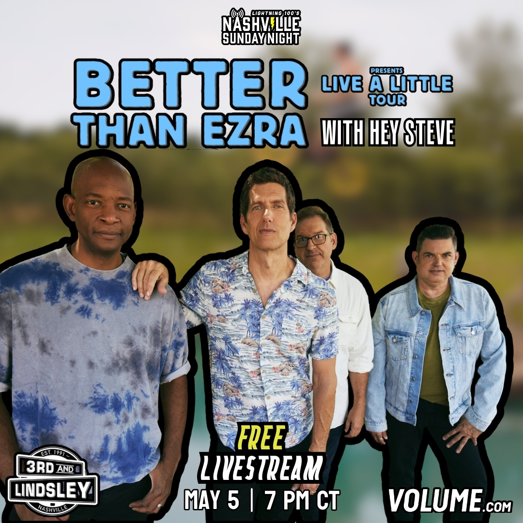 🔊Get ready to turn up the volume and live a little with tonight's @Lightning100 #NashvilleSundayNight livestream from @3rdandLindsley. Streaming tonight at 7pm CT, catch @betterthanezra and @HeySteveMusic on @GetOnVolume!

Claim your free ticket here: bit.ly/NSN-BetterThan…