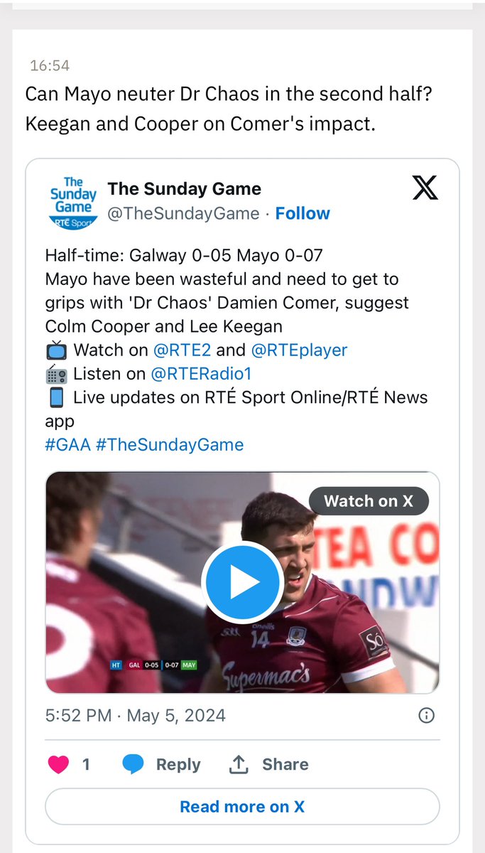 This is a new one. @RTEsport Connacht final updates suggest Mayo remove Damien Comer’s genitals in the second half?