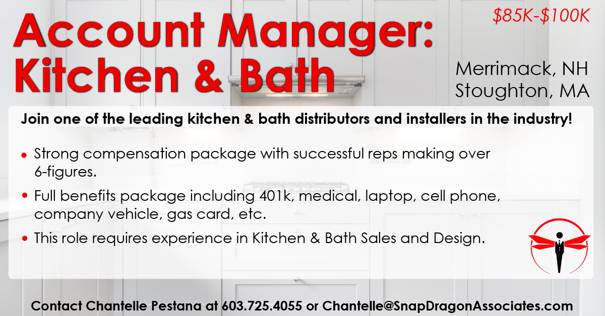 We’re looking for a Kitchen & Bath Account Manager for a distributor in the Merrimack, NH market.
 
To apply, visit snapdragonassociates.com/job/account-ma… or reach out to Chantelle Pestana!

#SnapDragonJobs #buildingmaterials #hiring #werehiring #accountmanager #managerjobs #NHjobs #MerrimackNH