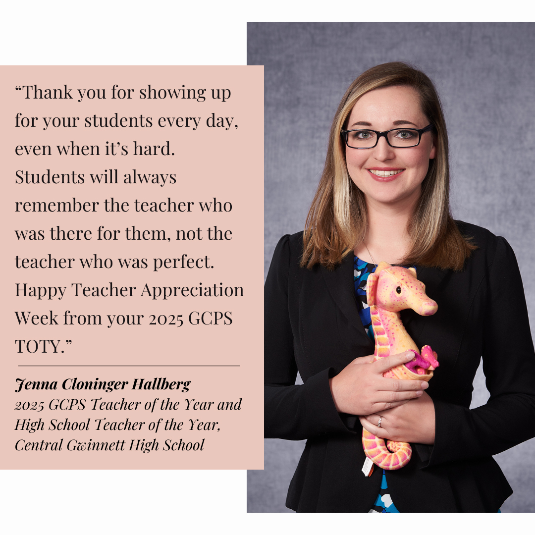 It’s National Teacher Appreciation Week! We join our award-winning educators in celebrating our #TeamGCPS teachers with words of encouragement and inspiration. See more from all our 2025 Teacher of the Year Finalists here: gcpsk12.org/about-us/caree…