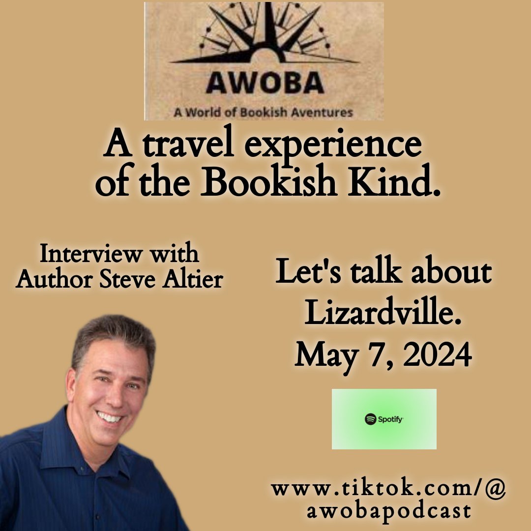 I can't wait to share the link to my interview on Spotify with Amanda and Shannon, who host A World of Bookish Adventures. Stay tuned, I'll post the link tomorrow.  
 
#awoba #Spotify #booklovers #bookbuzz #Stevealtier #lovetoread #newrelease #Lizardville #writerlife #books